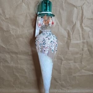 Handblown 12" Snow Filled Iridescent Snowman With A Green Hat